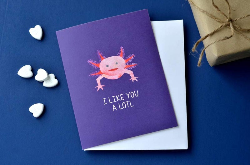 Nerdy Words Axolotl Valentine's Day/Love/Anniversary Card (4.25" X 5.5") | I Like You A Lotl by Nerdy Words - Image 2
